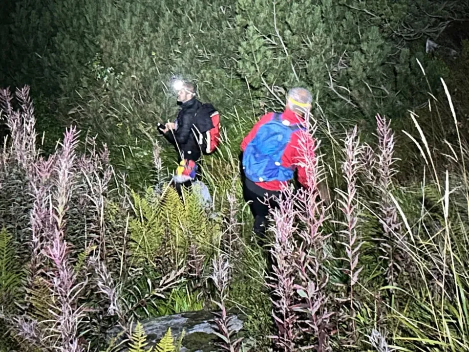 Două persoane purtând rucsacuri și echipament de munte se află printre plante înalte și vegetație de tip jneapăn într-un decor nocturn.