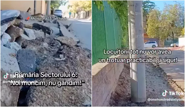 O zonă de construcție prezintă borduri noi, pământ și resturi de materiale pe un trotuar lângă un stâlp de beton și un gard verde.