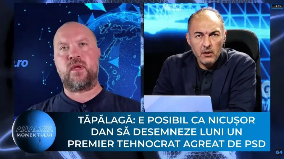 Un bărbat cu barbă și unul cu părul scurt sunt prezentați în cadre separate pe un fundal albastru cu elemente grafice și text în partea de jos.