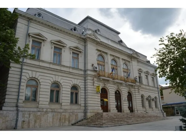 O clădire cu fațadă de culoare deschisă prezintă ferestre înalte, un balcon cu balustradă și scări largi la intrare sub un cer înnorat.