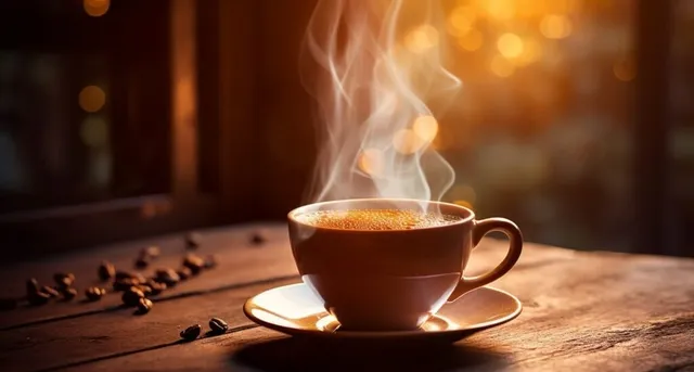 O cană de cafea cu aburi ridicați stă pe o farfurie pe o masă de lemn lângă câteva boabe de cafea împrăștiate.