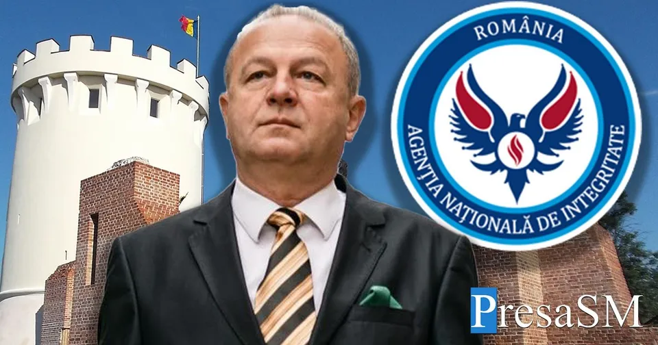 Un bărbat cu sacou negru și cravată în culori maro și crem stă în prim-plan, având un turn alb și un sigiliu circular în fundal.