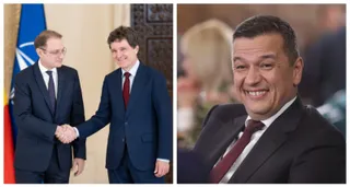 Două imagini prezintă bărbați în costume, unul dintre ei zâmbind în prim-plan, iar în cealaltă imagine doi bărbați strâng mâna.