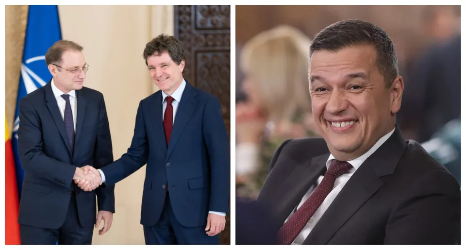 Două imagini prezintă bărbați în costume, unul dintre ei zâmbind în prim-plan, iar în cealaltă imagine doi bărbați strâng mâna.