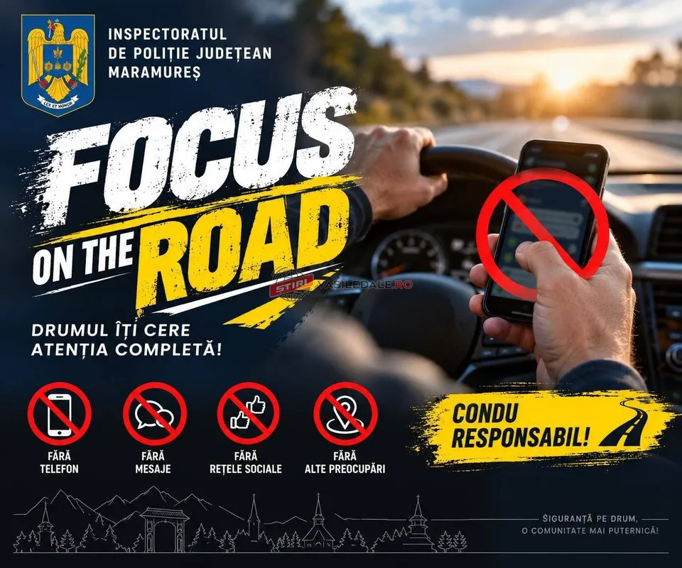 O persoană ține un telefon mobil în mână în interiorul unui autovehicul, cu mâna stângă pe volan, pe un fundal de drum rutier.