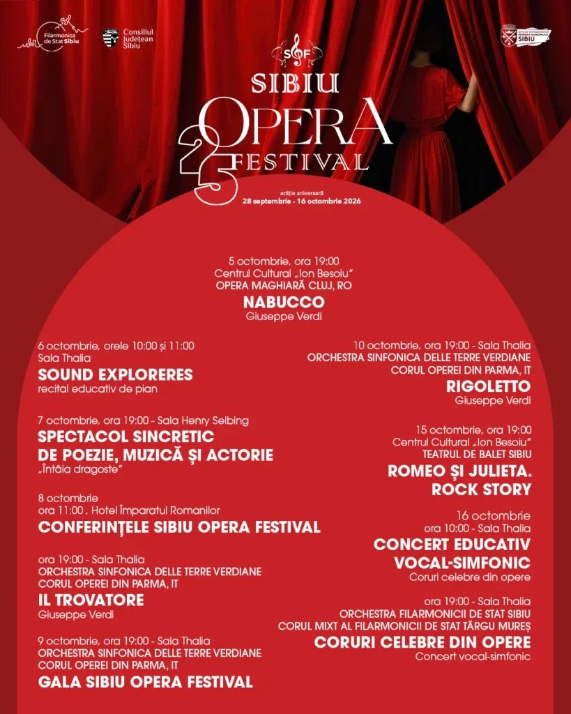Un afiș roșu prezintă text alb despre un festival de operă, cu detalii despre evenimente, date și locații sub un decor de draperii roșii.