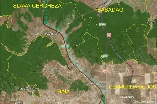 Harta satelitara cu limite de zone marcate in galben si o linie roșie care traversează terenul împărțit în zone verzi și maronii.