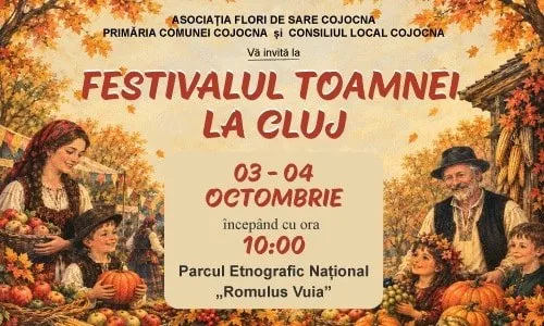 Un afiș cu ilustrații de oameni în haine tradiționale, dovleci, struguri și frunze de toamnă pe un fundal de copaci galbeni și portocalii.