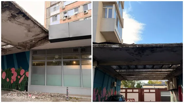 Două fotografii prezintă o structură de beton degradată, cu tencuială desprinsă, situată lângă un imobil cu ferestre și unități de aer condiționat.