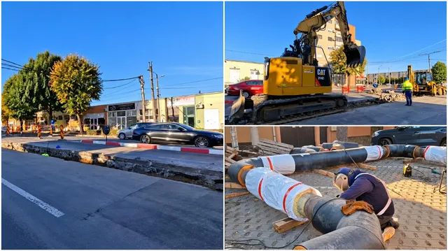Un excavator galben lucrează pe un șantier lângă o mașină neagră, în timp ce niște țevi mari sunt așezate pe pământ lângă un om.