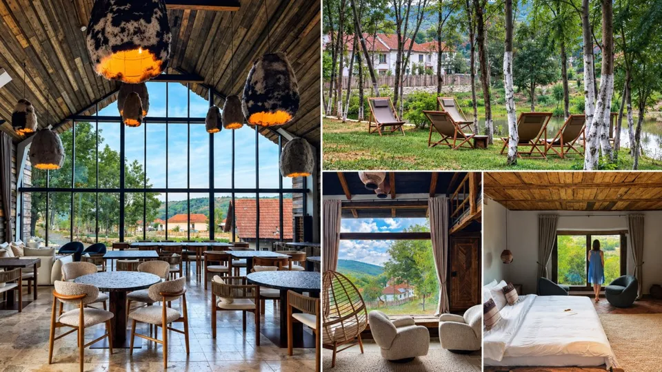Montaj format din patru imagini prezentând un interior cu mese de lemn, o grădină cu scaune de relaxare, o cameră cu pat și o fereastră.