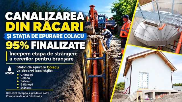 O excavatoare lucrează într-un șanț adânc lângă un om cu vestă portocalie, alături de o structură metalică și o clădire mică albă.