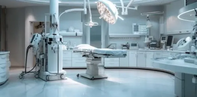 O cameră de operație cu un scaun de tratament central, lămpi chirurgicale suspendate și echipamente medicale pe fundal alb.