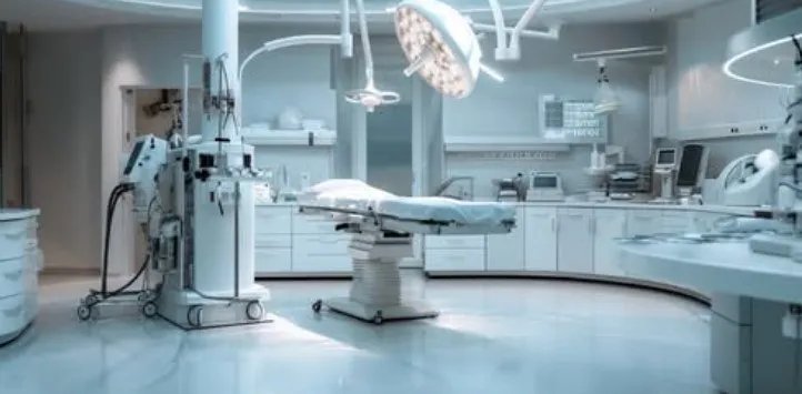 O cameră de operație cu un scaun de tratament central, lămpi chirurgicale suspendate și echipamente medicale pe fundal alb.