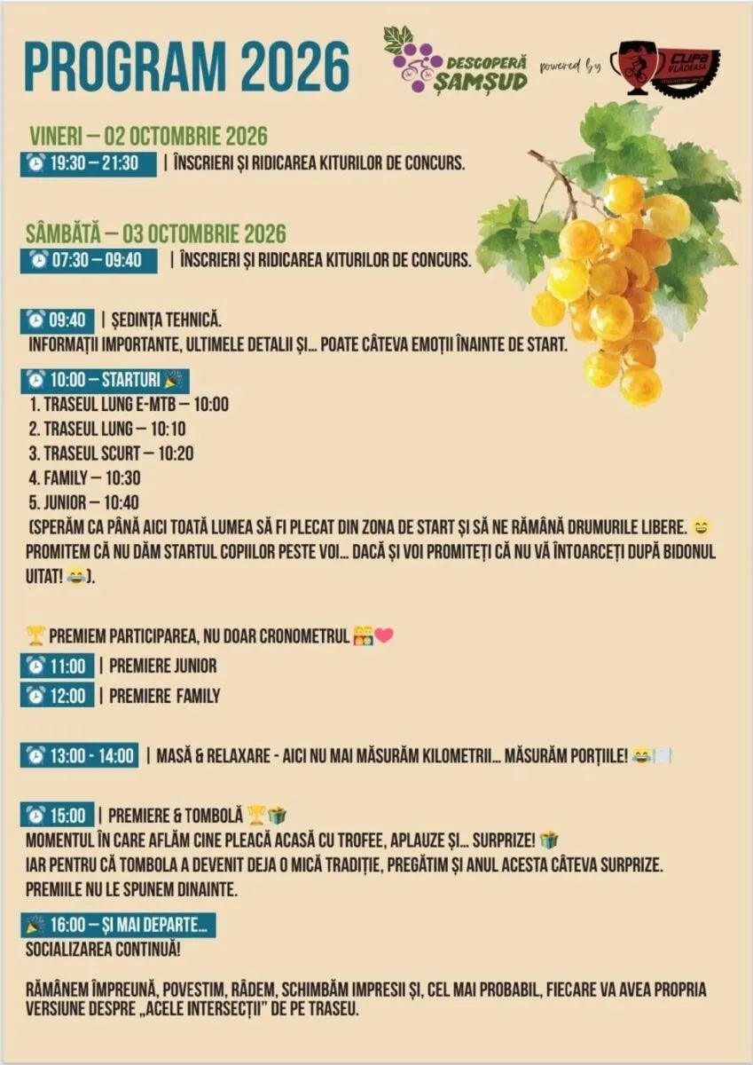 Un text pe fundal crem prezintă detalii despre un program, conținând text albastru și negru, alături de o ilustrație cu un ciorchine de struguri galbeni.