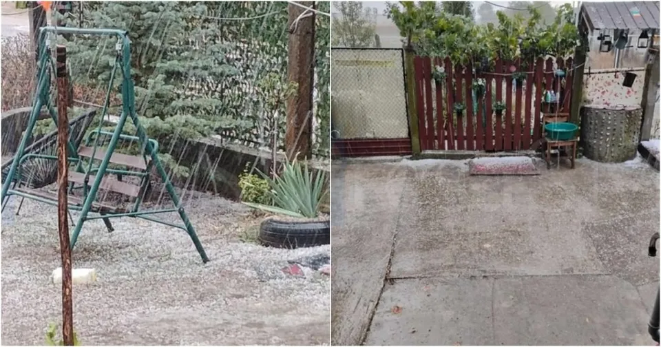Colaj cu două curți: în stânga, grindină pe leagăn și vegetație; în dreapta, pietriș pe beton, poartă și anvelope.