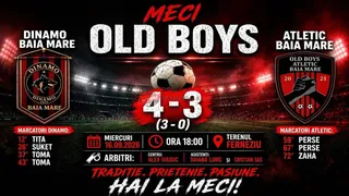 Un afiș grafic prezintă un stadion de fotbal iluminat, un balon de fotbal și detalii despre un meci între echipele Dinamo și Atletic Baia Mare.