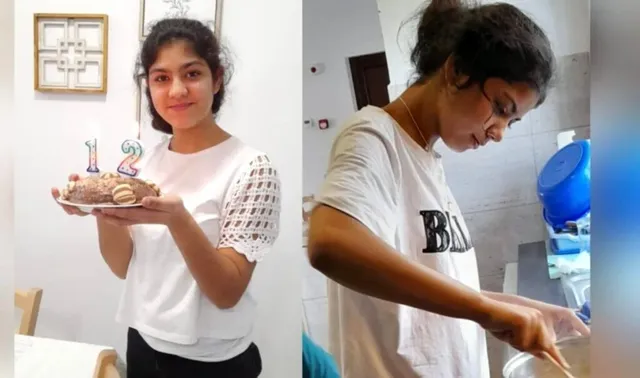 Două fotografii cu o tânără care poartă un tricou alb, prezentând un tort cu numerele unu și doi și pregătind mâncare într-o bucătărie.