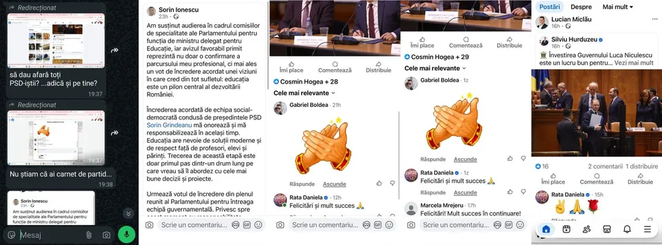 Captura de ecran prezintă o conversație de chat și mai multe postări de pe rețelele sociale cu reacții de tip emoji și comentarii text.
