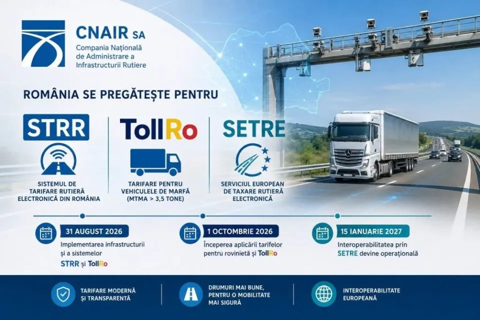 Un camion alb circulă pe o autostradă lângă o structură metalică suspendată deasupra carosabilului sub un cer senin.