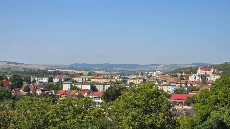Vedere panoramică asupra unui oraș cu case, clădiri și numeroase copaci verzi sub un cer senin și luminos.