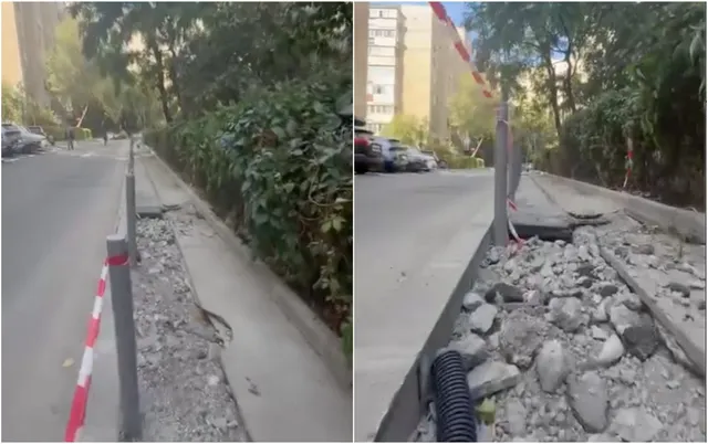 Două cadre prezintă un trotuar de beton spart cu pietriș și resturi de materiale expuse lângă o bordură și un stâlp metalic.
