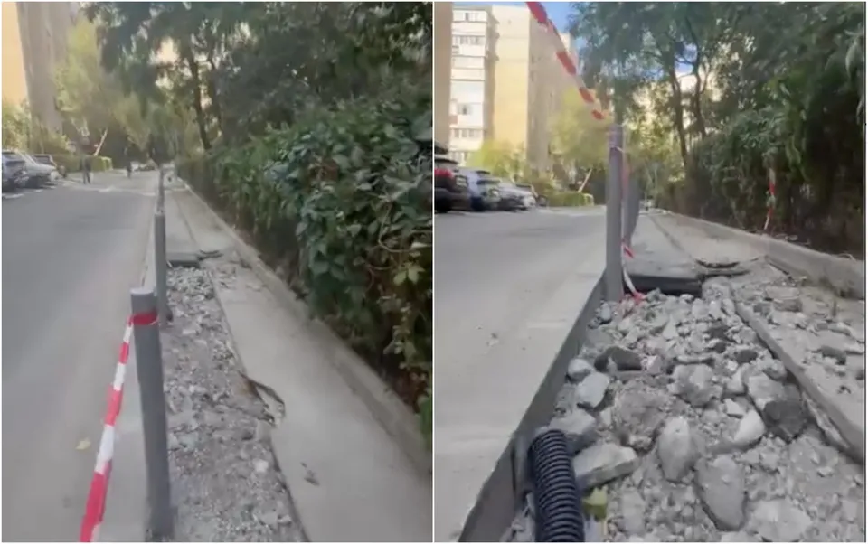 Două cadre prezintă un trotuar de beton spart cu pietriș și resturi de materiale expuse lângă o bordură și un stâlp metalic.