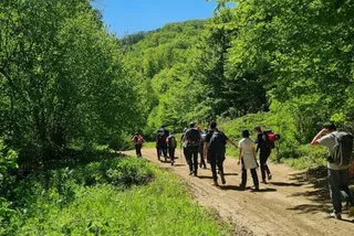 Un grup de oameni cu rucsacuri merge pe un drum de țară înconjurat de vegetație verde și copaci sub un cer senin.