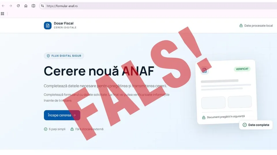 Interfața unui site web cu textul Cerere nouă ANAF și un element grafic roșu suprapus pe fundal alb.