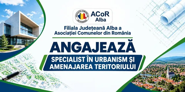 Un afiș de recrutare conține text, un logo, schițe tehnice, un plan de oraș și o fotografie cu o clădire modernă și un peisaj urban.