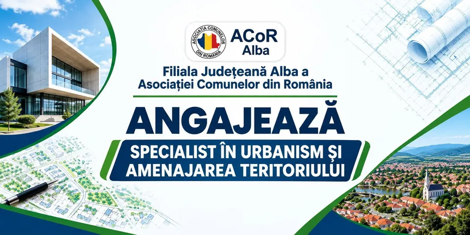Un afiș de recrutare conține text, un logo, schițe tehnice, un plan de oraș și o fotografie cu o clădire modernă și un peisaj urban.