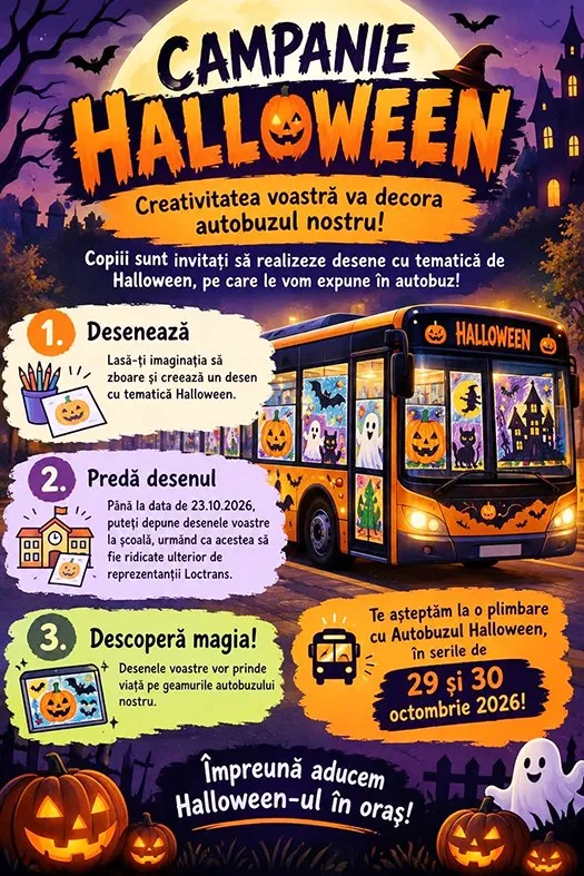 Un afiș colorat prezintă un autobuz galben decorat cu elemente de Halloween, plutind pe un fundal de noapte cu dovleci, lupi și o casă bântuită.