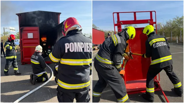 Patru persoane în uniforme de protecție cu benzi reflectorizante manevrează echipamente lângă un container roșu și o structură metalică roșie sub cerul senin.
