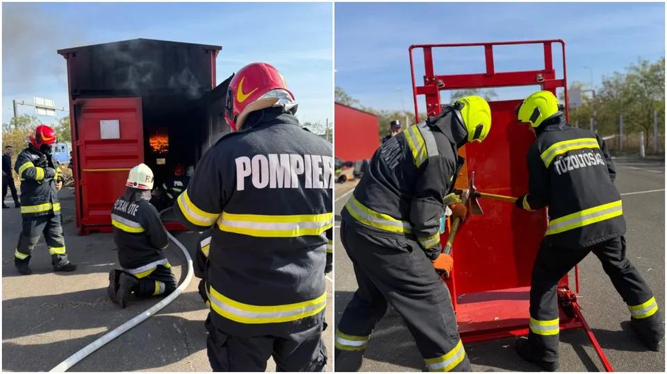 Patru persoane în uniforme de protecție cu benzi reflectorizante manevrează echipamente lângă un container roșu și o structură metalică roșie sub cerul senin.