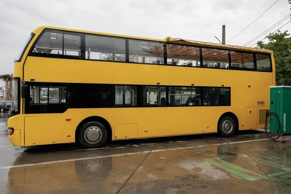 Un autobuz turistic supraetajat de culoare galbenă este parcat pe un teren asfaltat umed sub un cer înnorat.