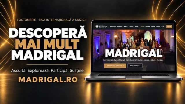 Un laptop deschis afișează un site web cu textul MADRIGAL pe un fundal negru cu elemente grafice aurii și text informativ.