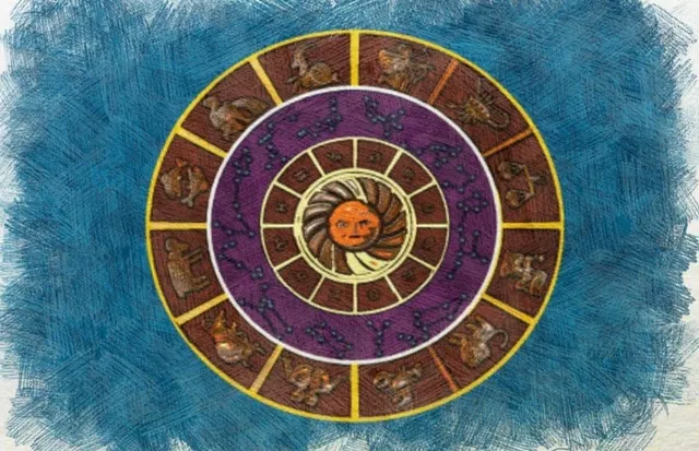 O ilustrație circulară pe fundal albastru reprezintă un zodiac cu diverse simboluri și un soare central înconjurat de cercuri colorate.