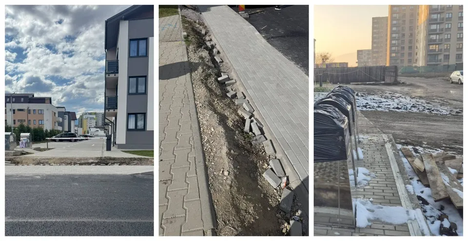 Un colaj de trei fotografii prezintă o stradă, un trotuar cu o șanț deschis între pavaj și asfalt și o zonă de construcții cu resturi de materiale.