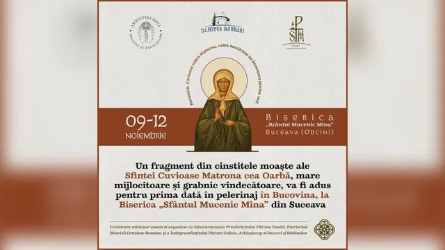 Un afiș prezintă o pictogramă centrală cu o femeie în haine maronii și un text scris pe un fundal alb cu margini maronii.