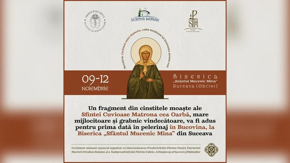 Un afiș prezintă o pictogramă centrală cu o femeie în haine maronii și un text scris pe un fundal alb cu margini maronii.