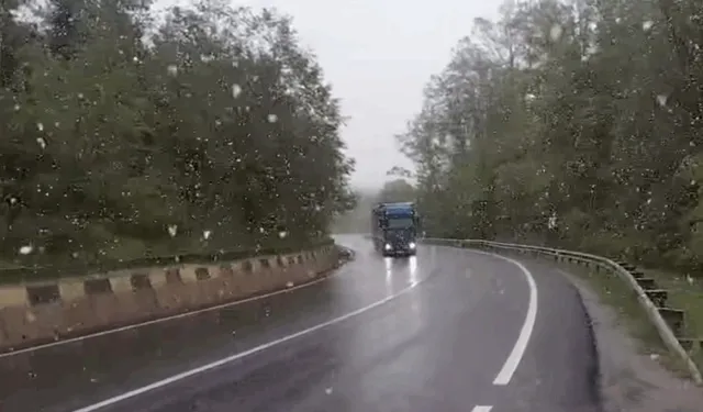 Un camion circulă pe un drum asfaltat umed, înconjurat de copaci sub un cer gri și ploaie.