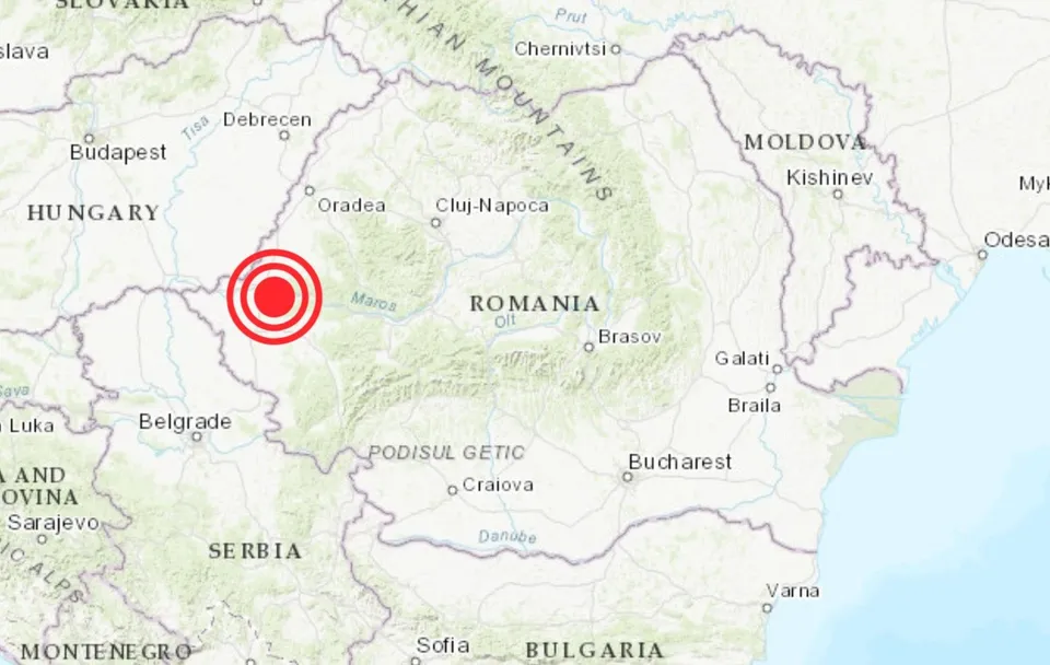 O hartă a României cu un cerc concentric roșu situat în partea de vest a țării.