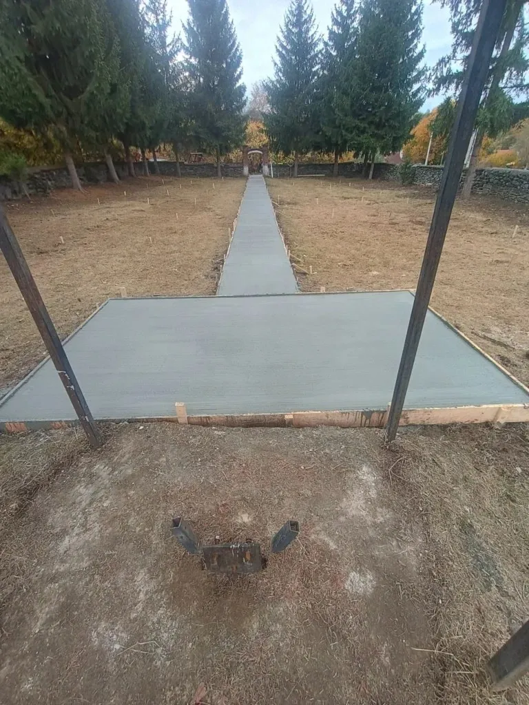 Un drum îngust de beton gri traversează un teren deschis, delimitat de arbori coniferi și o bordură de lemn în prim-plan.