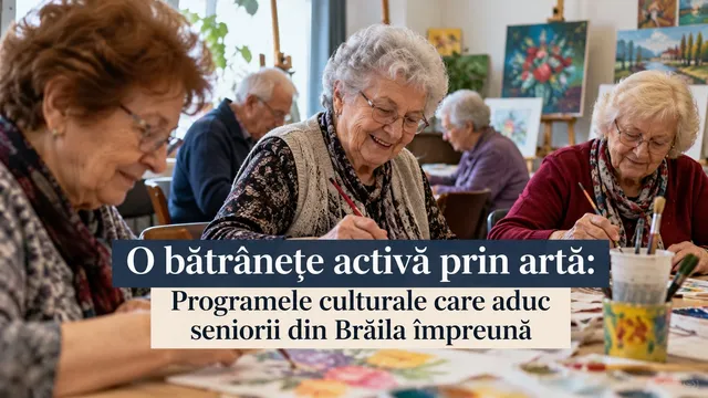 Câteva persoane vârstnice stau la mese cu pensule și foi de hârtie, pictând în interiorul unei încăperi luminoase.