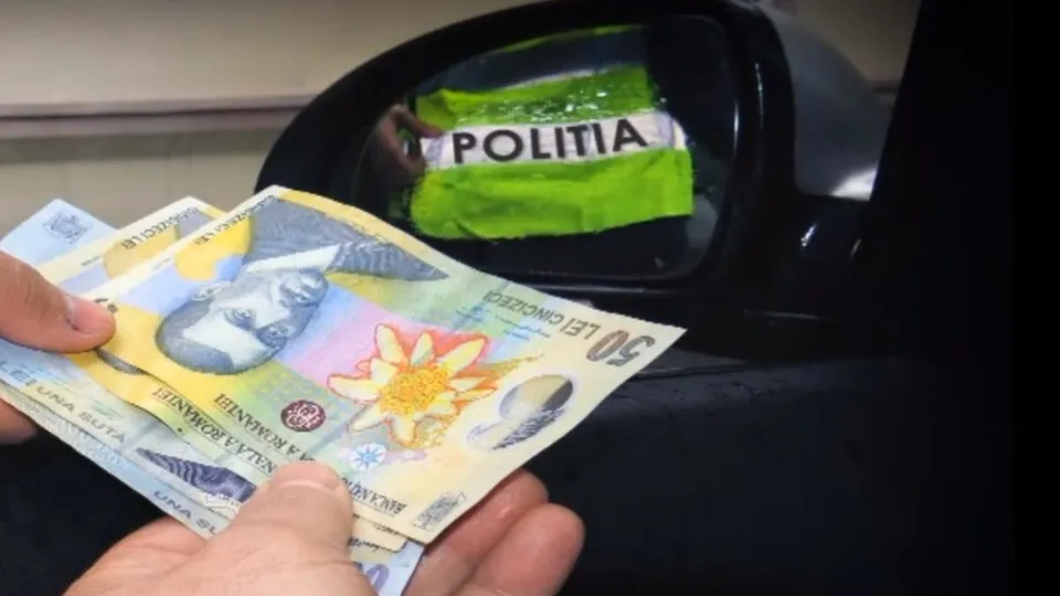 O persoană ține mai multe bancnote de lei românești în mână, în timp ce în oglinda retrovizoare se vede un vest reflectorizant cu inscripția POLITIA.