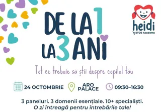 Un afiș alb cu text colorat, un logo cu un chip de copil și diverse forme de inimi colorate în partea stângă.