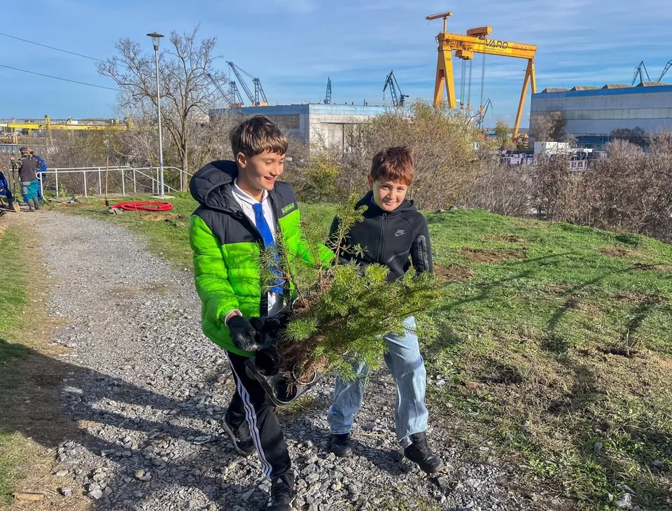 Doi copii stau pe un teren cu iarbă și țin împreună un mic arbust verde.