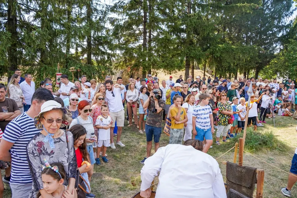 O mulțime de oameni stă în picioare pe o suprafață cu iarbă, în fața unor copaci înalți, privind spre un punct central neclar.