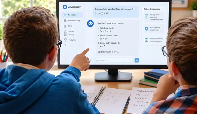 Două persoane stau la o masă și privesc un monitor care afișează un asistent virtual cu rezolvări de probleme matematice pe ecran.