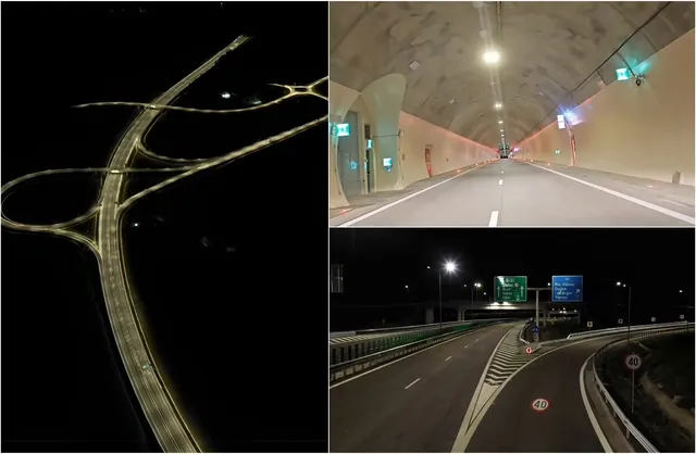 Colaj format dintr-o vedere aeriană nocturnă a unei intersecții rutiere și două imagini cu o autostradă iluminată, inclusiv o secțiune de tunel.